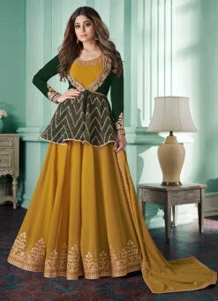 Shamita Shetty Mustard Georgette Embroidered Anarkali Suit Party Wear -Deals Chic Lehenga Store shamita shetty mustard georgette embroidered anarkali suit slsak28908571 u