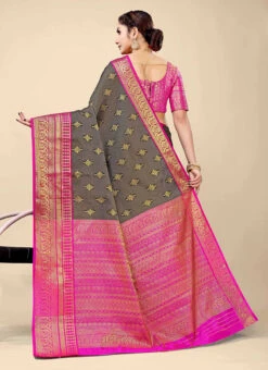 Silk Grey Color Zari Work Saree Festive Wear -Deals Chic Lehenga Store silk grey color zari work saree sasom8426 b