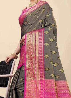 Silk Grey Color Zari Work Saree Festive Wear