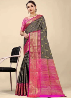 Silk Grey Color Zari Work Saree Festive Wear -Deals Chic Lehenga Store silk grey color zari work saree sasom8426 u