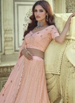 Soft Peach Georgette Sequins Embroidery Umbrella Lehenga Wedding Wear -Deals Chic Lehenga Store soft peach georgette sequins embroidery umbrella lehenga ghsli13287706 b