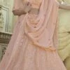 Soft Peach Georgette Sequins Embroidery Umbrella Lehenga Wedding Wear