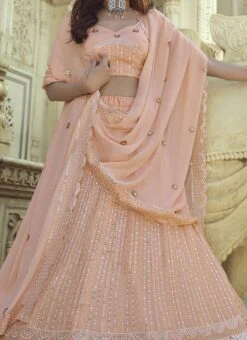 Soft Peach Georgette Sequins Embroidery Umbrella Lehenga Wedding Wear