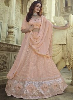 Soft Peach Georgette Sequins Embroidery Umbrella Lehenga Wedding Wear -Deals Chic Lehenga Store soft peach georgette sequins embroidery umbrella lehenga ghsli13287706 u