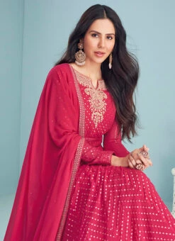 Sonam Bajwa Pink Faux Georgette Sequins Anarkali Suit Party Wear -Deals Chic Lehenga Store sonam bajwa pink faux georgette sequins anarkali suit slsacw7342 b