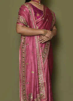 Strawberry Pink Pure Banarasi Silk Embroidered Saree Wedding Wear