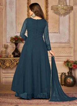 Teal Blue Centre Slit Georgette Sequins Embroidery A Line Lehenga Party Wear -Deals Chic Lehenga Store teal blue centre slit georgette sequins embroidery a line lehenga ghsdi122ra b