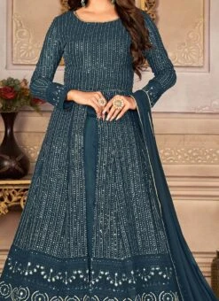 Teal Blue Centre Slit Georgette Sequins Embroidery A Line Lehenga Party Wear
