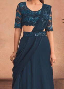 Teal Blue Chinon Silk Embroidered Ready Pleated Saree Party Wear