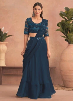 Teal Blue Chinon Silk Embroidered Ready Pleated Saree Party Wear -Deals Chic Lehenga Store teal blue chinon silk embroidered ready pleated saree saska36307302e u
