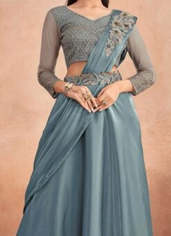 Teal Blue Chinon Silk Ready Pleated Saree Party Wear