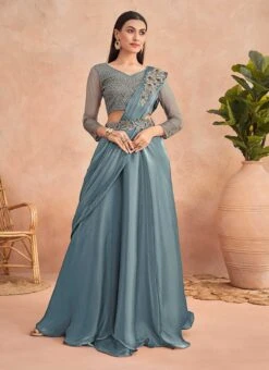 Teal Blue Chinon Silk Ready Pleated Saree Party Wear -Deals Chic Lehenga Store teal blue chinon silk ready pleated saree saska36367304b u