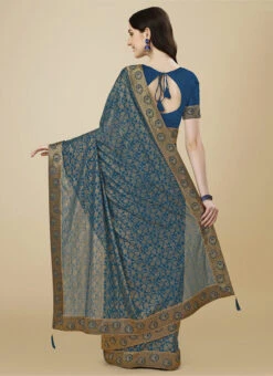 Teal Blue Color Zari Work Lycra Saree Festive Wear -Deals Chic Lehenga Store teal blue color zari work lycra saree sasbhlgs9438i b