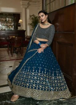 Teal Blue Georgette Thread Sequins Umbrella Lehenga Party Wear -Deals Chic Lehenga Store teal blue georgette thread sequins umbrella lehenga ghska442238002 b