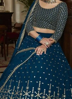 Teal Blue Georgette Thread Sequins Umbrella Lehenga Party Wear