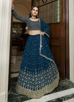 Teal Blue Georgette Thread Sequins Umbrella Lehenga Party Wear -Deals Chic Lehenga Store teal blue georgette thread sequins umbrella lehenga ghska442238002 u