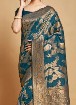 Teal Blue Linen Weaving Work Saree Festive Wear