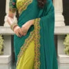 Teal Blue N Green Silk Zari Embroidery Work Half N Half Saree Party Wear
