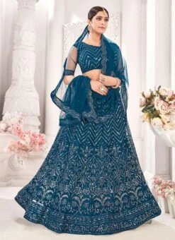 Teal Blue Net Sequins Embroidery A Line Lehenga Party Wear -Deals Chic Lehenga Store teal blue net sequins embroidery a line lehenga ghsak41743001 u
