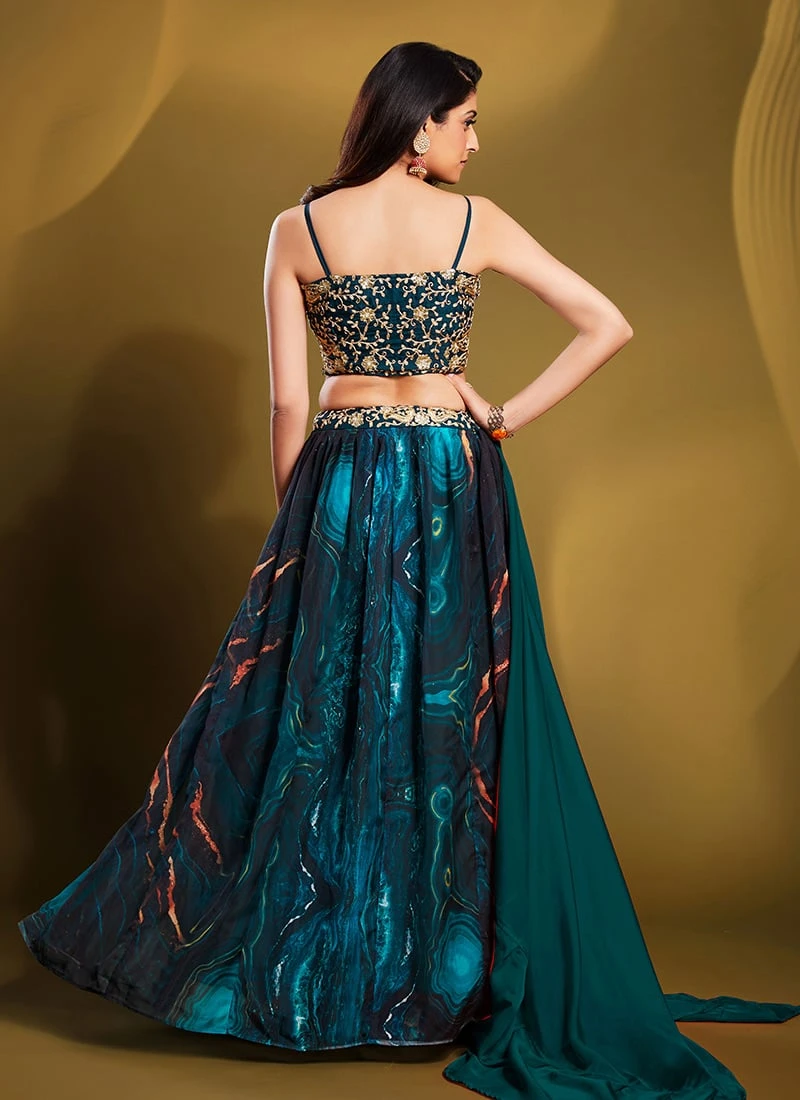 Teal Blue Organza Printed Work Umbrella Lehenga Choli Party Wear 4 Teal Blue Organza Printed Work Umbrella Lehenga Choli Party Wear - Image 4
