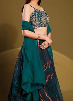 Teal Blue Organza Printed Work Umbrella Lehenga Choli Party Wear