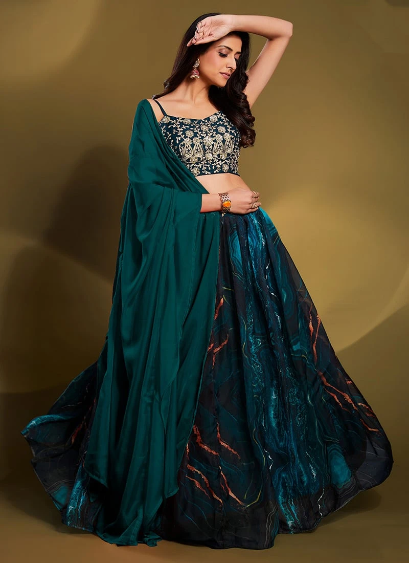 Teal Blue Organza Printed Work Umbrella Lehenga Choli Party Wear 3 Teal Blue Organza Printed Work Umbrella Lehenga Choli Party Wear - Image 3