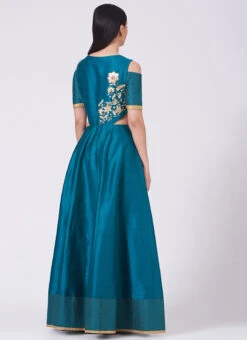 Teal Blue Pure Silk Hand Embroidery Anarkali Suit Party Wear -Deals Chic Lehenga Store teal blue pure silk hand embroidery anarkali suit sldvcsvak188 b