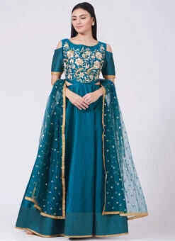 Teal Blue Pure Silk Hand Embroidery Anarkali Suit Party Wear -Deals Chic Lehenga Store teal blue pure silk hand embroidery anarkali suit sldvcsvak188 u