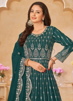 Teal Green Faux Georgette Embroidered Anarkali Suit Party Wear -Deals Chic Lehenga Store teal green faux georgette embroidered anarkali suit slsdc6801 b