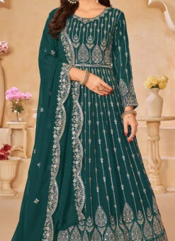 Teal Green Faux Georgette Embroidered Anarkali Suit Party Wear