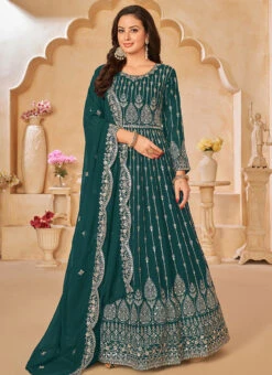 Teal Green Faux Georgette Embroidered Anarkali Suit Party Wear -Deals Chic Lehenga Store teal green faux georgette embroidered anarkali suit slsdc6801 u