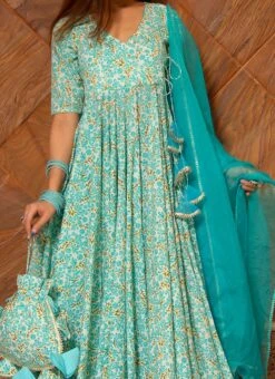 Turquoise Color Pure Cotton Printed Anarkali Suit Party Wear