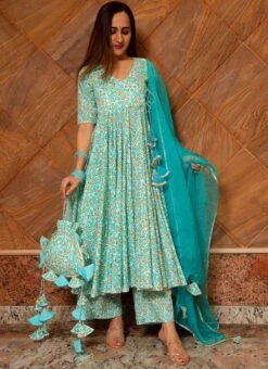 Turquoise Color Pure Cotton Printed Anarkali Suit Party Wear -Deals Chic Lehenga Store teal green pure cotton printed anarkali suit sljpjrb01c u
