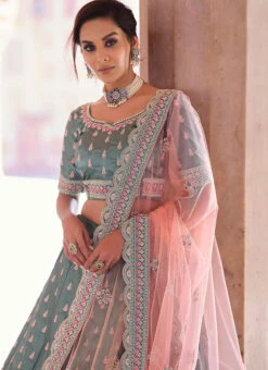 Teal Green Satin Embroidered N Stones Umbrella Lehenga Wedding Wear -Deals Chic Lehenga Store teal green satin embroidered n stones umbrella lehenga ghsak42918901 b