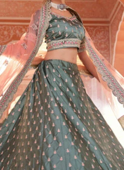 Teal Green Satin Embroidered N Stones Umbrella Lehenga Wedding Wear