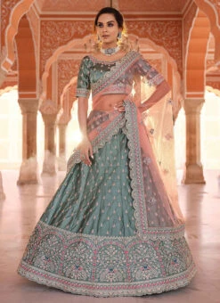 Teal Green Satin Embroidered N Stones Umbrella Lehenga Wedding Wear -Deals Chic Lehenga Store teal green satin embroidered n stones umbrella lehenga ghsak42918901 u