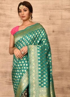 Teal N Black Banarasi Katan Zari Weaving Half N Half Saree Festive Wear -Deals Chic Lehenga Store teal n black benarasi katan zari weaving half n half saree savns671t b