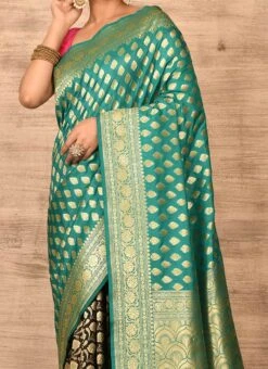 Teal N Black Banarasi Katan Zari Weaving Half N Half Saree Festive Wear