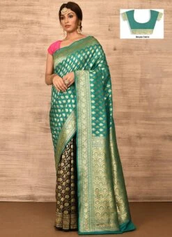 Teal N Black Banarasi Katan Zari Weaving Half N Half Saree Festive Wear -Deals Chic Lehenga Store teal n black benarasi katan zari weaving half n half saree savns671t u