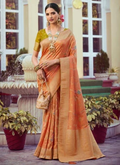 Tissue Meena Orange Color Woven Work Saree Party Wear -Deals Chic Lehenga Store tissue meena orange color weaving work saree saspl4405 u