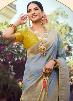 Tissue Meena Steel Blue Color Woven Work Saree Party Wear -Deals Chic Lehenga Store tissue meena steel blue color weaving work saree saspl4402 b