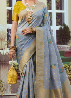 Tissue Meena Steel Blue Color Woven Work Saree Party Wear
