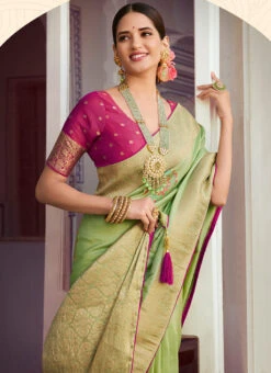 Tissue Meena Vegie Green Color Woven Work Saree Party Wear -Deals Chic Lehenga Store tissue meena vegie green color weaving work saree saspl4408 b