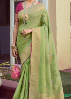 Tissue Meena Vegie Green Color Woven Work Saree Party Wear