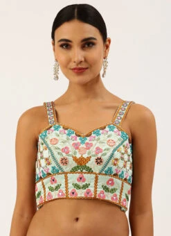 Turquoise Blue Silk Embroidered Work Blouse Party Wear -Deals Chic Lehenga Store turquoise blue silk embroidered work blouse blspfb133tbl u