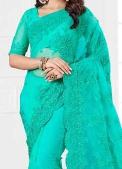 Turquoise Embroidered Net Saree Party Wear
