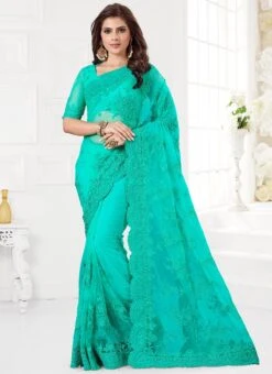 Turquoise Embroidered Net Saree Party Wear -Deals Chic Lehenga Store turquoise embroidered net saree sasun472 u