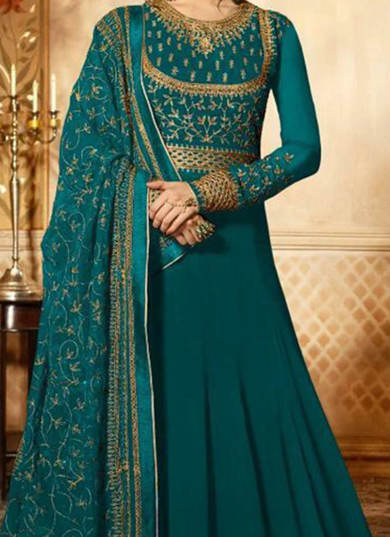 Turquoise Green Embroidered Abaya Style Anarkali S Party Wear 1 Turquoise Green Embroidered Abaya Style Anarkali S Party Wear