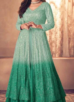 Turquoise N Green Georgette Sequins Embroidery Anarkali Lehenga Party Wear