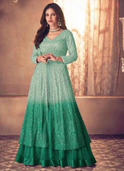 Turquoise N Green Georgette Sequins Embroidery Anarkali Lehenga Party Wear -Deals Chic Lehenga Store turquoise n green georgette sequins embroidery anarkali lehenga ghska4494123k u